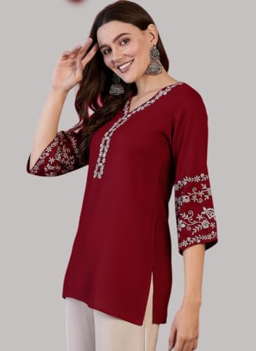 Image of MAHIRA'S Women's Short Kurti, Black Rayon Tunic Top with Embroidered Sleeves, 3 /4 Designer Sleeves