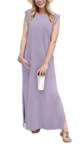 Image of GRECERELLE 2026 Women Year-Round Casual Round Neck Loose Split Wrinkle-Free Long Maxi Vacation Dress with Pockets (XXS-4XL)