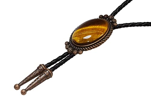 Image of Moranse Bolo Tie with Natural Tiger Eye Stone Celtic Style Genuine and Cowhide Rope