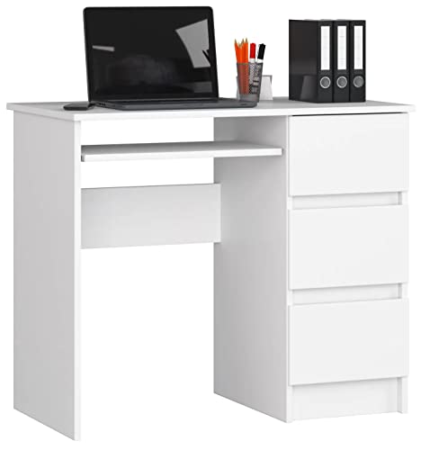 ADGO A-6 CLP Mesa para Ordenador con 3 Cajones 90x77x50cm, Bandeja para Teclado Extensible, de Oficina para Trabajo, Estudio, Diseño Sencillo, Rectangular, para Aprender (Derecho, Blanco)