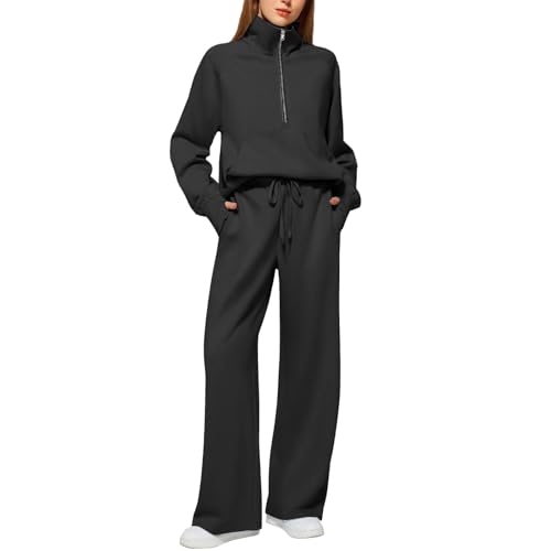 Chándal de 2 piezas para mujer elegante conjunto monocolor premium con sudadera y pantalón ancho