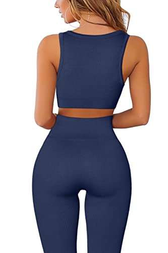 Qinsen Workout Sets For Women 2 Piece Ribbed Yoga Gym Outfits With Sport Bra Legging Tracksuit Set Dark Blue M #TOP1