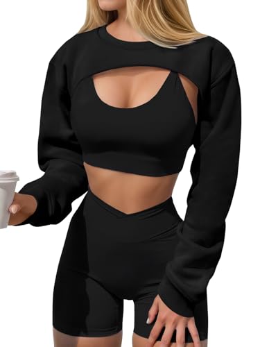 Yousify Womens Cropped Sweatshirt Shrugs Long Sleeve Workout Gym Cover Ups Bolero Shrug Y2k Super Crop Tops Black