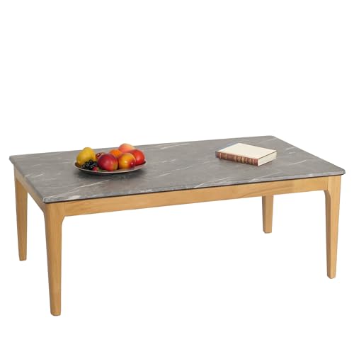 Mendler Couchtisch HWC-M55, Beistelltisch Sofatisch, Massiv-Holz HDF Laminat Melamin 46x120x70cm, Marmor/Stein-Optik helle Beine