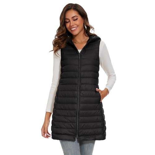 Long Puffer Vest with Hood Lightweight Down Vest Women Sleeveless Puffer Jacket Zipper