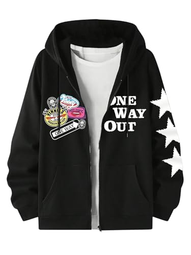 Men's Letter Graphic Zip Up Hoodie Jacket Long Sleeve Drawstring Hooded Sweatshirts Outwear