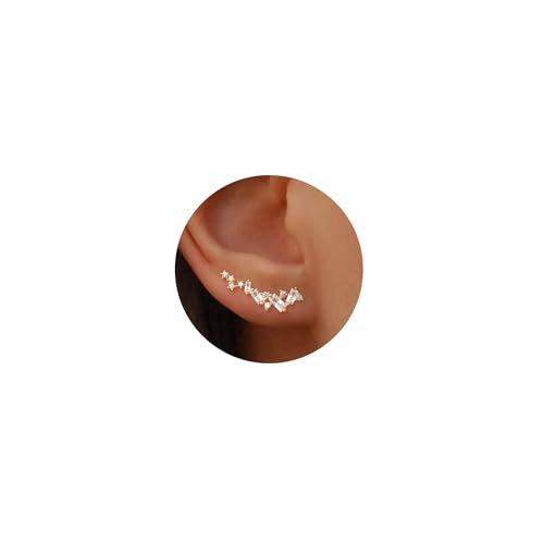 NECOCY Star Ear Crawler Stud Earrings for Women-Dainty 14K Gold Plated Cubic Zirconia Ear Climber-Trendy Diamond Baguette & Round Cluster Simple Minimalist Cartilage Pierced Jewelry