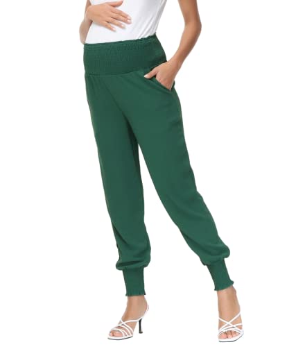 Maacie Sarouel de maternité pour femme - Taille haute élastique - Ourlet à volants - Style bohème, bleu / vert, Taille S Cover