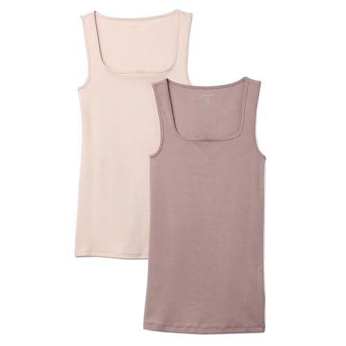 Amazon Essentials Camiseta sin Mangas de Corte Ajustado con Cuello Cuadrado Mujer, Pack de 2, Beige Claro/Gris Topo Oscuro, M