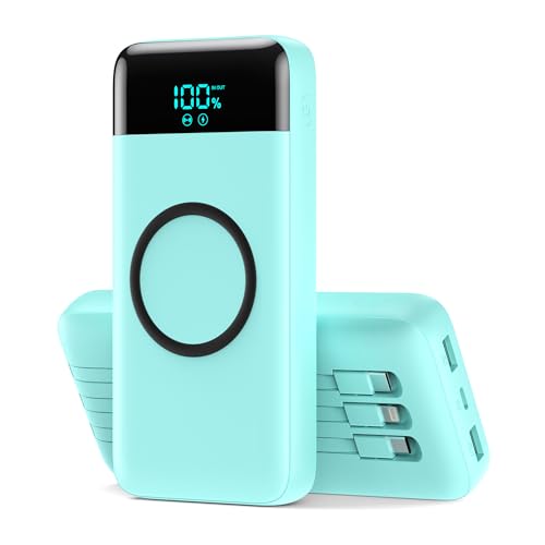 Wireless Portable Charger 40800mAh with 3 Built-in Cables,7-in-1 15W Wireless Charging Power Bank,25W PD QC 4.0 Fast Charging USB C LCD Display Battery Pack for iPhone 16/15/13,Samsung,Android-Green