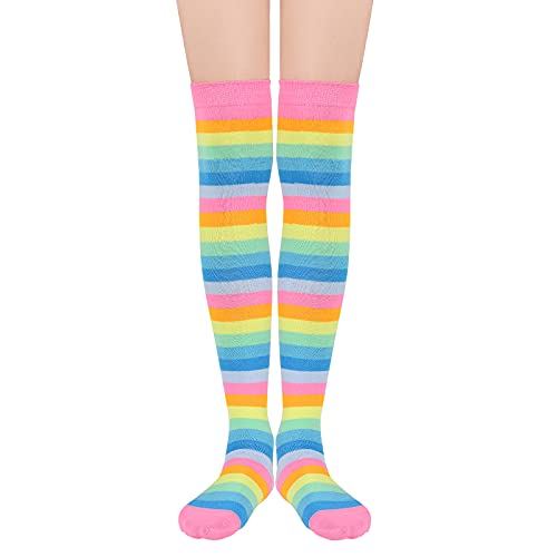 Image of American Trends Womens Rainbow Socks Striped Knee High Socks Thigh High Stockings Casual Tube Socks Costume Leg Warmers