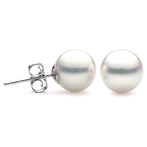 14K Gold 5.5-6mm White Akoya Saltwater Cultured Pearl Stud Earrings, AAAA Quality