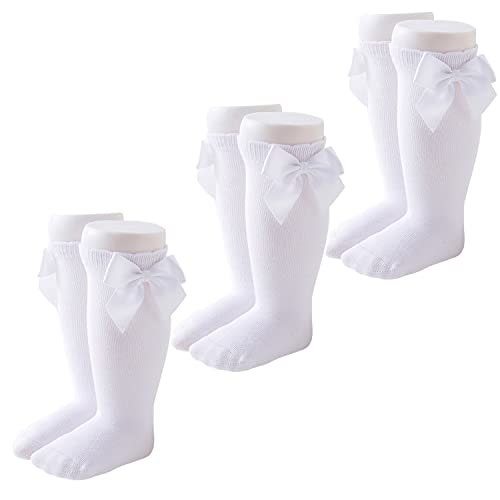 Marchare Baby Girls Knee High Socks Baby Girls Bow Stockings Cotton Uniform Stockings Dress Socks 5 Pack,0-5T