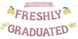 Pre-Strung Freshly Graduated Banner, 2026 Lemon Theme Graduation Sign, Rose Gold Glitter Garland for Farewell Party, Going Away Party Decorations, Graduation Wall Hanging Supplies