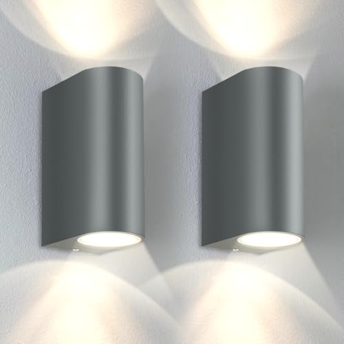 Kerry Outside Wall Lights, Outdoor Lights Main Powered, Up and Down Grey Anthracite Modern Lamp, Gu10 External Wall Sconce IP44 Garden Lighting, Wall Mounted Fixtures for Front Door, Porch - 2 Pack