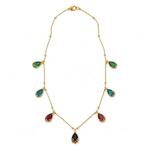Gold Tone Multi-Color Crystal Teardrop Charm Necklace-image-17