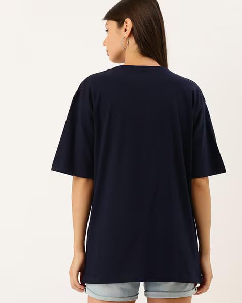 Image of Oversized Baggy Fit Drop Shoulder Half Sleeves Round Neck Solid Pure 100% Cotton T-Shirt for Women (Available in White, Black,Navy Color)