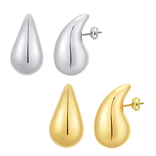 Chunky Gold Hoop Earrings For Women, Gold Plated Hoop Earrings Lightweight Stainless Steel Hollow Open Hoops Tear Drop Earrings Jewelry For Women Girls (Gold+Silver) #TOP7