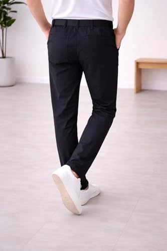 Image of 100% Pure Cotton Casual Trousers | Slim Fit Solid Chino Pants for Men | Comfortable Stretchable Everyday Wear Trousers with Side Pockets