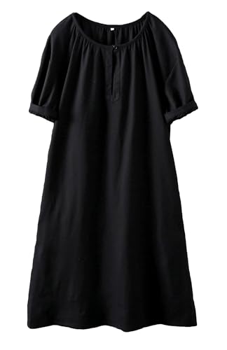 Minibee Women's Cotton Linen Dress Short Sleeve Midi Casual Plus Size Tunic Dress with Pockets