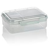 CAJA PRÁCTICA: La lonchera tiene una tapa con un cierre de clip, tres compartimentos separados, dos inserciones y un frasco de salsa con cerradura.
