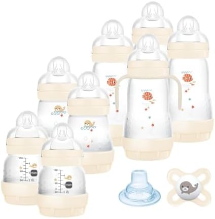 Mam Ensemble de 8 biberons de 130 ml, 160 ml et 260 ml, 1 tétine Start Nanò, 4 disquettes, 1 bec souple et poignées, couleur beige - 730 g, 14,2 x 16,8 x 21,2 cm ; 720 grammes