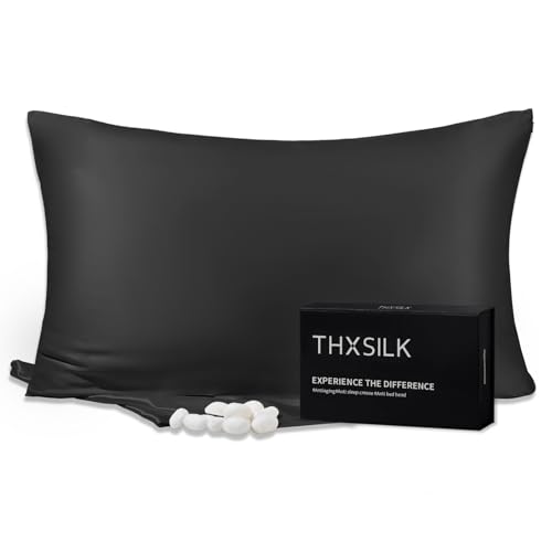Image of THXSILK 25mm 100% Pure Mulberry 6A+ Silk Pillowcase for Hair & Skin with Zipper Closure, Gift Box, Cooling, Natural, Organic, Double Sided Silk Pillow Case (Black, Queen 20 inchx30 inch, 1pc)