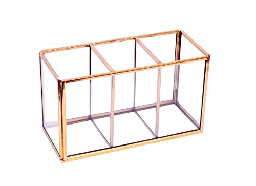 Image of Glass Makeup Brush Organizer with Gold Metal Frame - Cosmetic Brush Holder for Vanity, Dressing Table & Bathroom Counter - Multi Compartment Beauty Storage - 18 x 8 x 10 cm