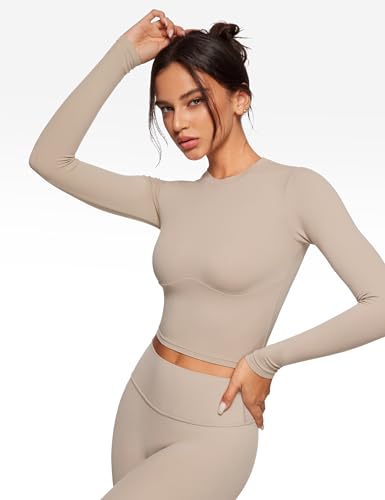 Womens Long Sleeve High Round Neck Crop Yoga Shirts Workout Slim Fit Casual Yoga Gym Tops3