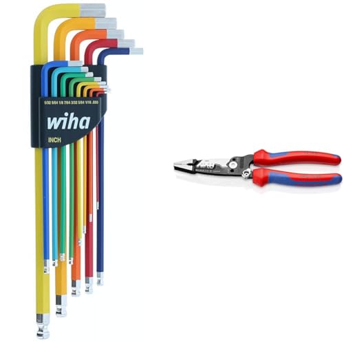 Image of Wiha 13 Piece Ball End Hex L-Key Set, KNIPEX 13 72 8 Wire Stripper - Color Coded L-Keys 0.050 inch-3 /8 inch, Strips 10-20 AWG Wire