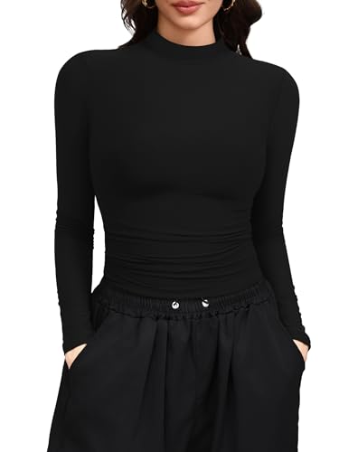 Laughido Women's Mock Neck Long Sleeve Slim Fit Double Lined T-Shirt Casual Basic Crop Tops 2025 Fall Clothes