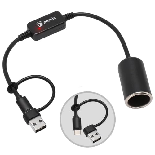 PERNIS USB to Cigarette Lighter Adapter 35cm Cable USB A & C Input 5V 12V Car Cigarette Lighter Socket Output Power Converter for Dash Cam GPS LED Lights& More(12W Max)