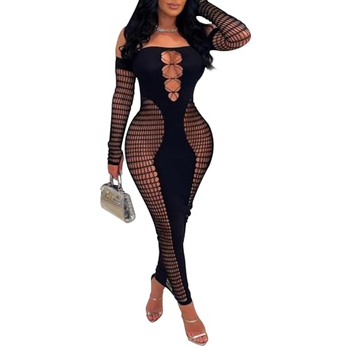 Image of Women's Sexy Off Shoulder Mesh Bodycon Hollow Out Club Long Dress (US, Alpha, Small, Regular, Regular, Black)