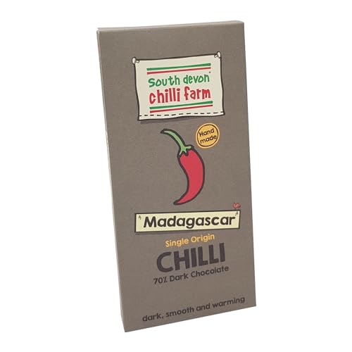 South Devon Chilli Farm Madagascar Chilli Chocolate - Delicious Madagascar 70% Dark Chocolate Combined With Homegrown Chillies - Dark, Smooth & Warming - Gift Present for Him or Her - 80g Bar
