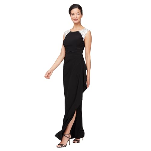 Image of Alex Evenings Women's Long Jersey Dress with Ruched Front and Embellished Neckline (Petite and Regular Sizes)
