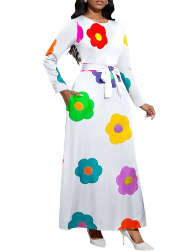Image of BubFee Long Dress for Women Casual Long Sleeve Dresses Maxi Dress Empire Waist Loose with Belt
