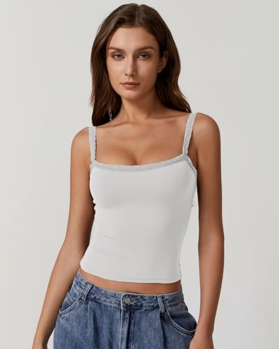 QINSEN Womens Square Neck Lace Trim Tank Top Double Lined Slim Fitted Y2k Going Out Camisole Shirts4