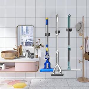 Miniatura 7 de 3-H Soporte de escoba de acero inoxidable para montaje en pared, paquete de 4, organizador de trapeador resistente, almacenamiento de escoba montado