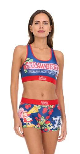 COCO BRANDS Womens Underwear Set - 2 Piece Racerback Sports Bras for Women & Boys Shorts Womens Bra and Panty Set (S-3X), Size Large, Blue Strawberry Shortcake Print