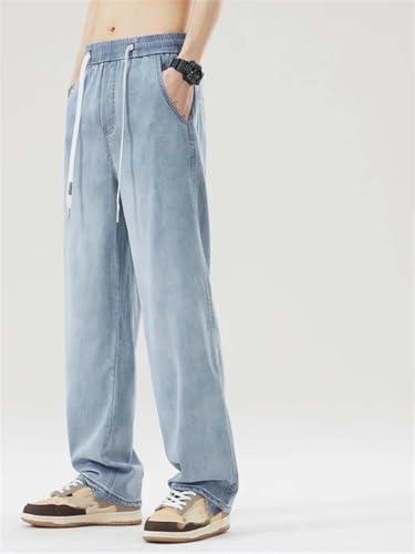 Hndudnff Men's Casual Elastic Waist Jeans Summer Thin Straight-Leg Stretchy Wide-Leg Denim Pants2