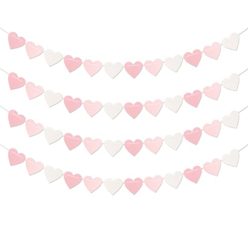 Pink-White Girls Birthday Party-Decorations Streamers-Garland - 40Ft Heart Galentines Hanging Paper Banner Valentines Baby Bridal Shower Bachelorette Anniversary Mothers Day Supplies Decor Ouruola