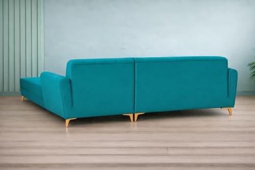 Image of Adorn India Premium Luster 6 Seater L Shape Sofa Set | Velvet Suede Fabric | 3-Year Warranty | RHS |Color Aqua Blue with Golden Legs & Striped Pattern Cushion