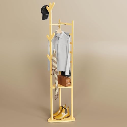 Image of Lukzer Triangular Coat Rack | Multifunctional Bamboo Wooden Coat & Garment Stand with 2 Shelves | Aesthetic Floor Corner Hanger | 6 Hooks for Hanging Coats, Jackets, Hats & Shoes (39x39x166 cm) CH-035