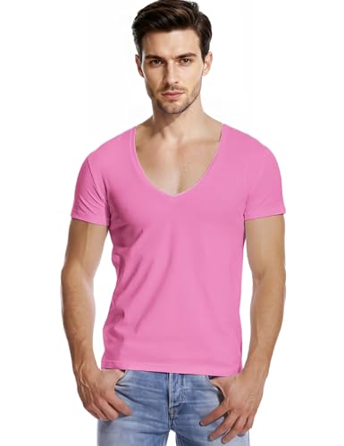 Zbrandy Deep V Neck Shirts Men Vneck Tshirt Low Cut Undershirts Slim Fit Short Sleeve Tees Casual Pink S