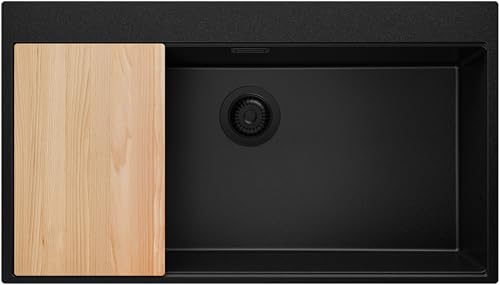 PRIMAGRAN Evier d'angle en Granit Tout Noir 88x50cm, Lavabo Cuisine 1 bac + Kit de Vidage + Planche à Découper, Évier à Encastrer au Meuble 90cm - Oslo S711