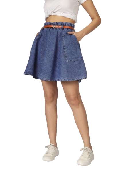 Mini Flared Solid Regular Denim Skirt with Belt for Women & Girls-picture-43