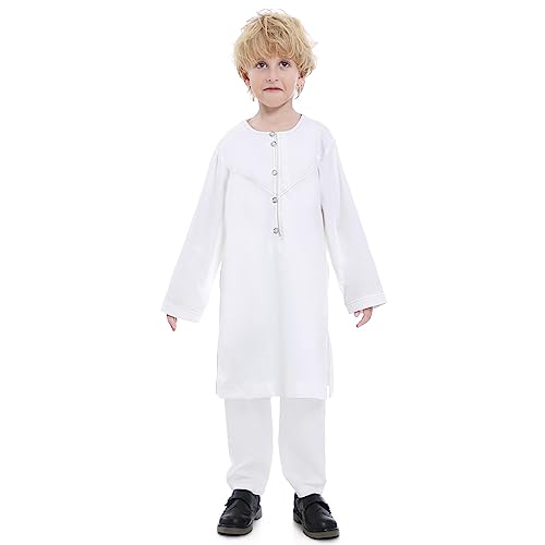 Kids Arabic Thobe Muslim Thobe Long Sleeve Kaftan Round Neck Kaftan Side Split Robe Solid Color Arab Tobes Button Closure Islamic Arabic Abaya Clothes for Boy with Pockets White 9-10 Years