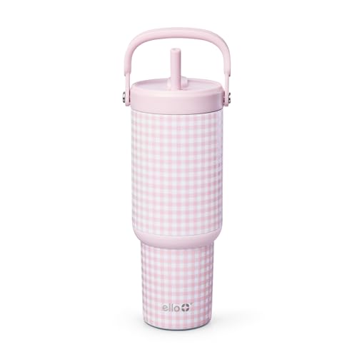 Image of Ello Oasis Go+ 26oz Tumbler with Top Handle and Retracting Straw | Reusable Insulated Stainless Steel Cup, 100% Leakproof Water Bottle, 24 Hours Cold, Cup Holder Friendly For Travel | Pink Gingham