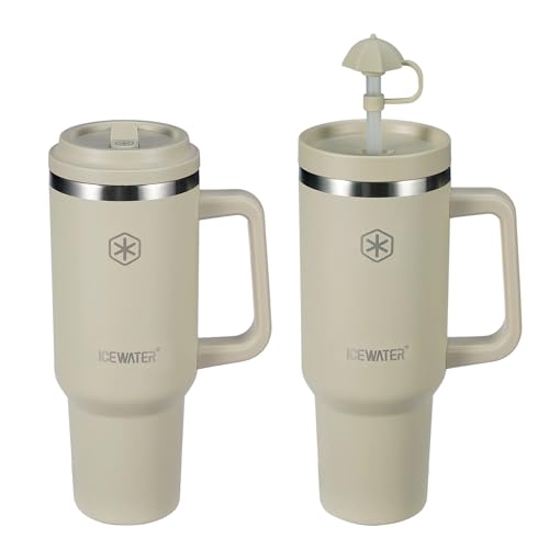 ICEWATER 40 oz Tumbler with 2 Lids (Flip & Standard Straw),100% Leak Proof Insulated Tumbler with Handle, Cup Holder Friendly, Stainless Steel Water Bottle, Gifts for Women & Men (Almond Birch)