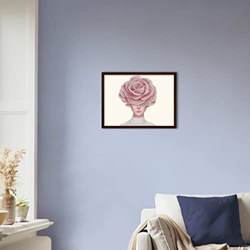 Portrait floral rose avec cadre bois foncé 30 x 40 cm de qualité
